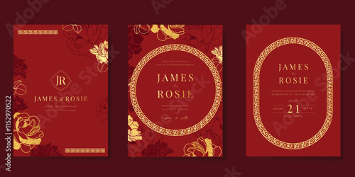 Red Chinese wedding card vector set. Luxury invitation card design with peony flower, leaf branch, frame. Illustration for vip cover, poster, rsvp modern card, Chinese New Year.