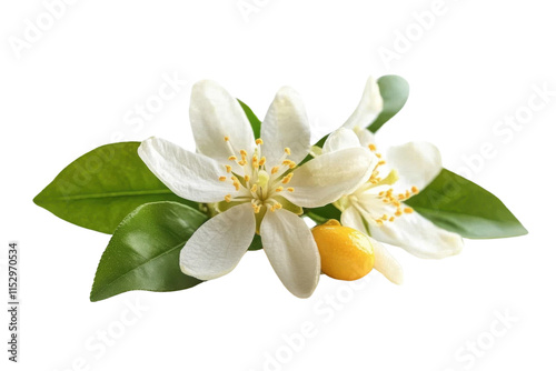 orange blossom flowers with green leaves on white background
