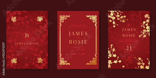 Red Chinese wedding card vector set. Luxury invitation card design with cherry blossom flower, leaf branch, frame. Illustration for vip cover, poster, rsvp modern card, Chinese New Year. photo