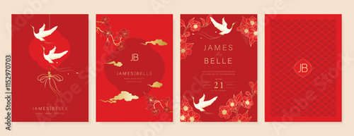 Red Chinese wedding card vector set. Luxury invitation card design with crane bird, flower, leaf branch. Illustration for vip cover, poster, rsvp modern card, Chinese New Year.