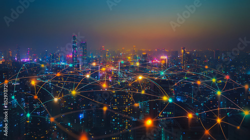 Wallpaper Mural Smart digital city with connection cyber security network reciprocity over the cityscape . future smart wireless digital city and social media networking systems that connects people within the city Torontodigital.ca