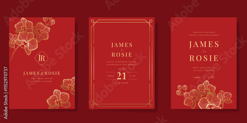Red Chinese wedding card vector set. Luxury invitation card design with orchid flower, leaf branch, frame. Illustration for vip cover, poster, rsvp modern card, Chinese New Year.
