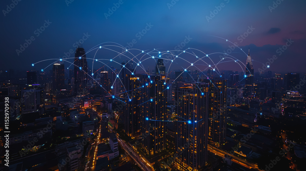 Obraz premium Smart digital city with connection cyber security network reciprocity over the cityscape . future smart wireless digital city and social media networking systems that connects people within the city