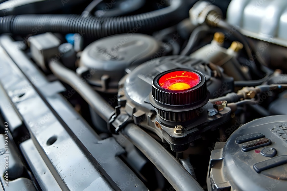 Obraz premium Inspecting Car Engine Components: Close-up View of Reservoir Cap, Hoses, and Engine Parts for Maintenance and Repair. Understanding Automotive Systems: A Detailed Look at Internal Engine Mechanics.