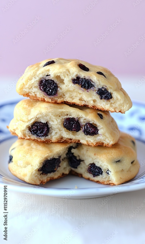 Three delicious blueberry scones stacked on a plate, one broken to show the juicy blueberries inside. Three delicious blueberry scones stacked on a plate, one broken to show the juicy blueberries inside.