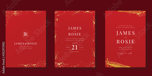 Red Chinese wedding card vector set. Luxury invitation card design with gold glitter, gold foil texture. Illustration for vip cover, poster, rsvp modern card, Chinese New Year.