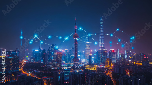 Wallpaper Mural Smart digital city with connection cyber security network reciprocity over the cityscape . future smart wireless digital city and social media networking systems that connects people within the city Torontodigital.ca