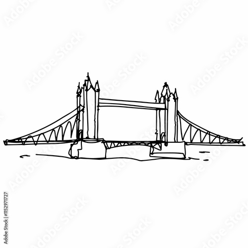 Tower Bridge building landmarks london line art illustration. London buildings line drawing.