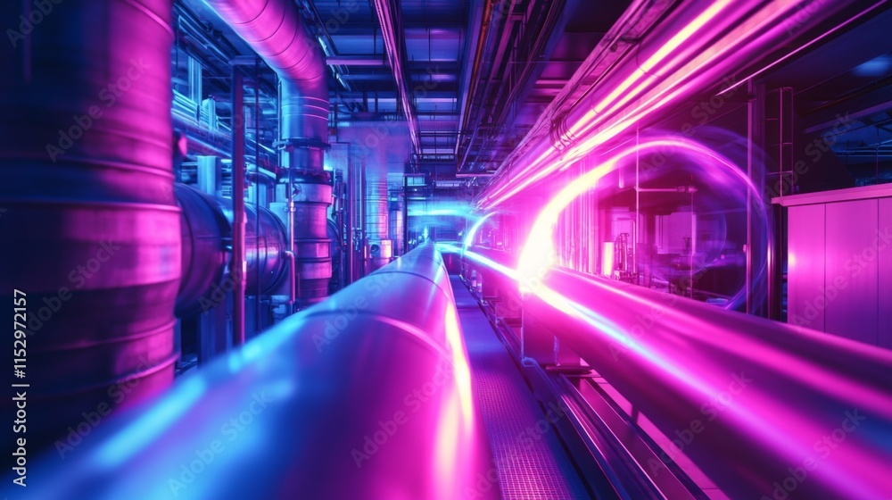 Futuristic industrial pipes glowing with vibrant pink and blue light. Futuristic industrial pipes glowing with vibrant pink and blue light.