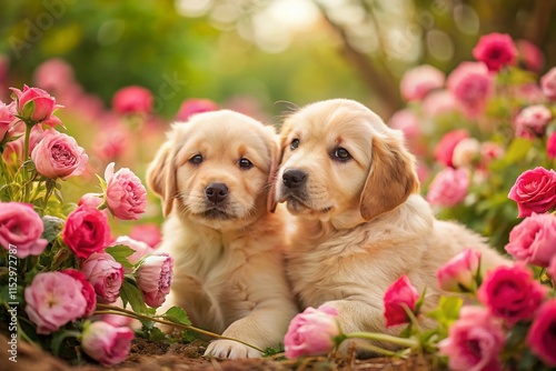 Adorable Golden Retriever Puppies, Pink Rose Theme, High Depth of Field photo