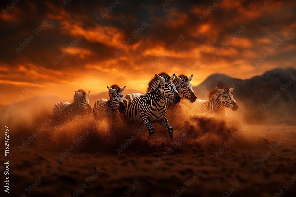 Fototapeta premium A group of zebras sprinting through a dusty savannah at sunset, with the dramatic orange sky and rugged mountains creating a dynamic and breathtaking scene