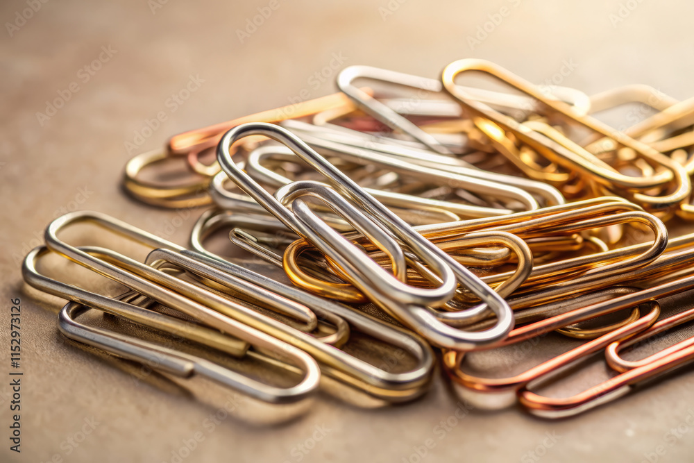 Elegant paperclips in various metallic colors create stylish still life. shiny surfaces reflect light beautifully, adding touch of sophistication to any workspace Elegant paperclips in various metallic colors create stylish still life. shiny surfaces reflect light beautifully, adding touch of sophistication to any workspace
