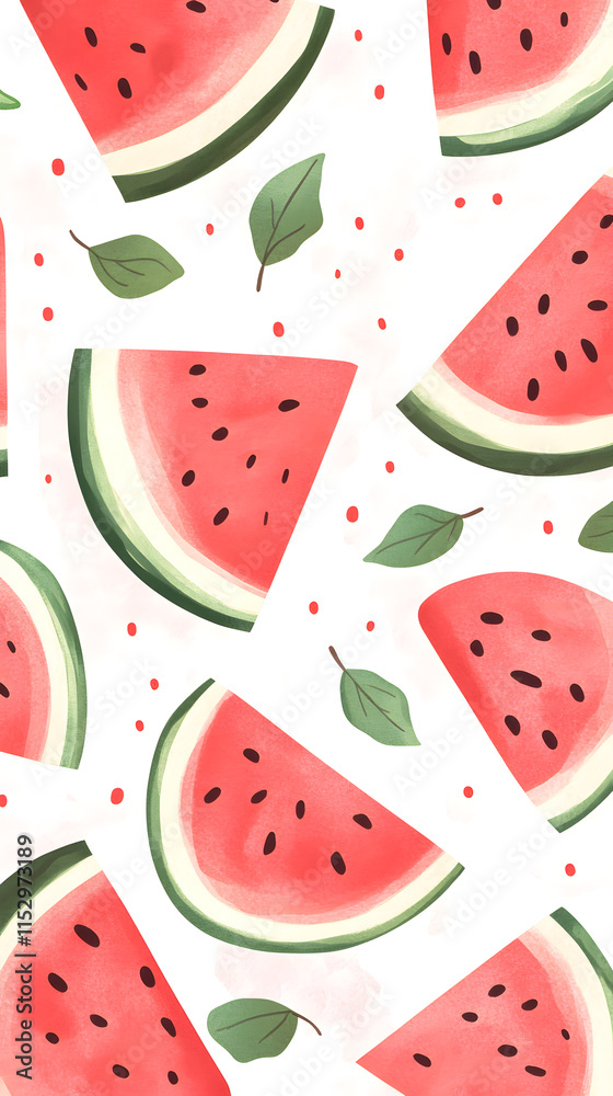 Fresh watermelon slices with green leaves on light background create vibrant and cheerful pattern, perfect for summer decor or food related designs Fresh watermelon slices with green leaves on light background create vibrant and cheerful pattern, perfect for summer decor or food related designs