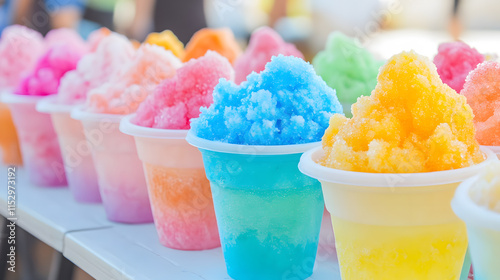 Colorful snow cones in various flavors arranged on picnic table, creating vibrant and festive atmosphere perfect for summer gatherings