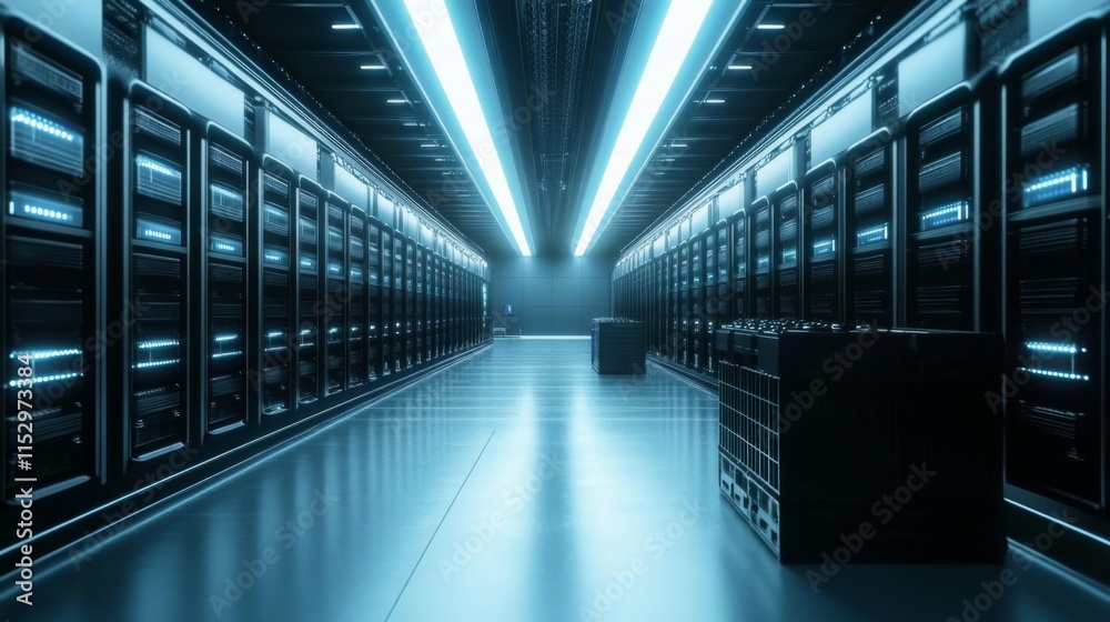 Futuristic server room with rows of servers and bright blue lighting. Futuristic server room with rows of servers and bright blue lighting.