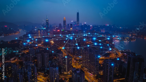 Wallpaper Mural Smart digital city with connection cyber security network reciprocity over the cityscape . future smart wireless digital city and social media networking systems that connects people within the city Torontodigital.ca