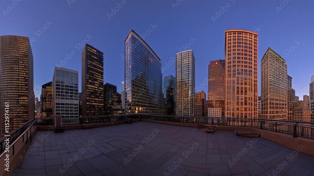 Obraz premium Cityscape panorama from rooftop terrace at dawn.