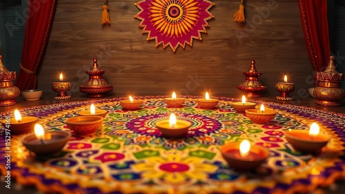 Diwali decorations with colorful rangoli design on wooden table, elegance, decor photo