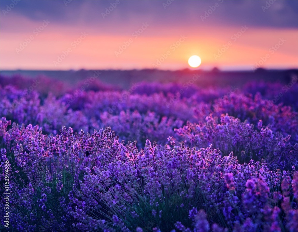 Fototapeta premium A field of lavender flowers bathed in the warm light of sunset creates a breathtaking scene, evoking a sense of peace and tranquility