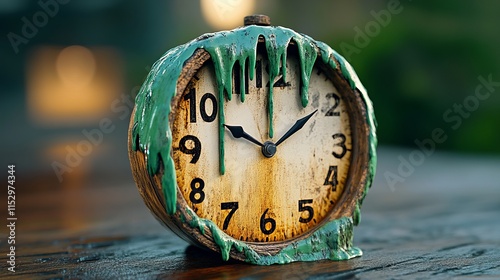 A vintage clock with green slime oozing down its face, creating a dramatic contrast against a wooden surface. photo