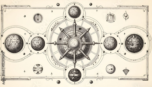Alchemical cosmogony artwork featuring celestial symbols and cosmic patterns in a detailed black and white design
