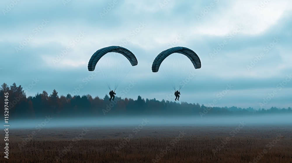 Paragliders Soaring in the Hazy Mountainous Landscape Paragliders Soaring in the Hazy Mountainous Landscape