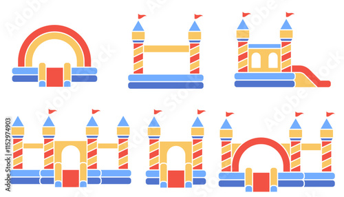 Bouncy castle color icons set. Inflatable house vector trampoline with slide for jumping. Playground pictograms for kids zone amusement park and summer party. Inflated elastic equipment