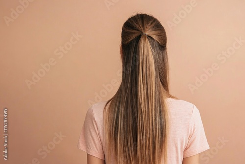 Hair styling. Woman with straight long hair on pale brown background, back view 