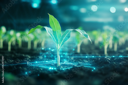 Maize seedling in cultivated agricultural field with graphic concepts modern agricultural technology digital farm smart farming innovation