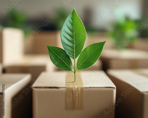 Closeup of a green leaf on cardboard boxes and paper packages, representing sustainable packaging solutions and ecofriendly shipment practices for a zero waste future photo