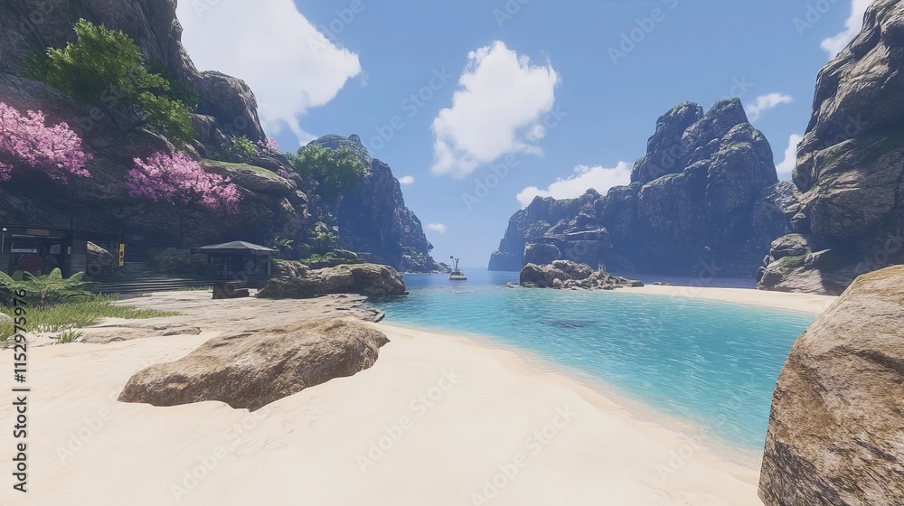 Fototapeta premium Secluded Cove Paradise Tranquil Beach Scene with Rocky Cliffs and Pink Blossoms