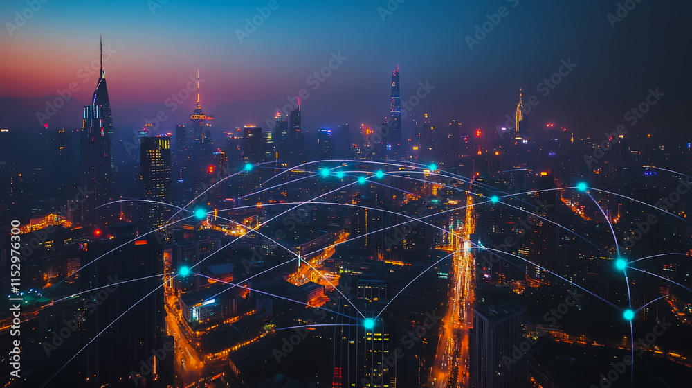 Smart digital city with connection cyber security network reciprocity over the cityscape . future smart wireless digital city and social media networking systems that connects people within the city Smart digital city with connection cyber security network reciprocity over the cityscape . future smart wireless digital city and social media networking systems that connects people within the city