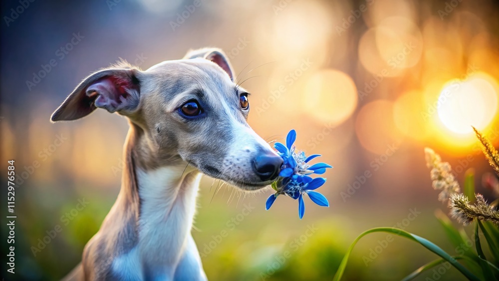 Adorable Whippet Puppy with Hepatica Nobilis Flower - Spring Pet Photo Adorable Whippet Puppy with Hepatica Nobilis Flower - Spring Pet Photo