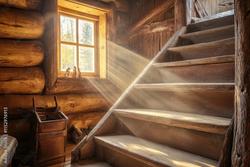 Rustic wooden stairs in a cozy cabin natural light streaming in warm atmosphere photography serene environment inviting concept Rustic wooden stairs in a cozy cabin natural light streaming in warm atmosphere photography serene environment inviting concept