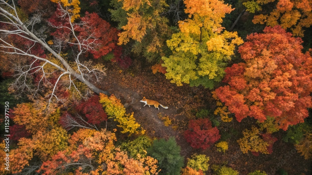 Aerial Autumn Scene: Drone View of Colorful Fall Leaves & Fox Illustration Aerial Autumn Scene: Drone View of Colorful Fall Leaves & Fox Illustration