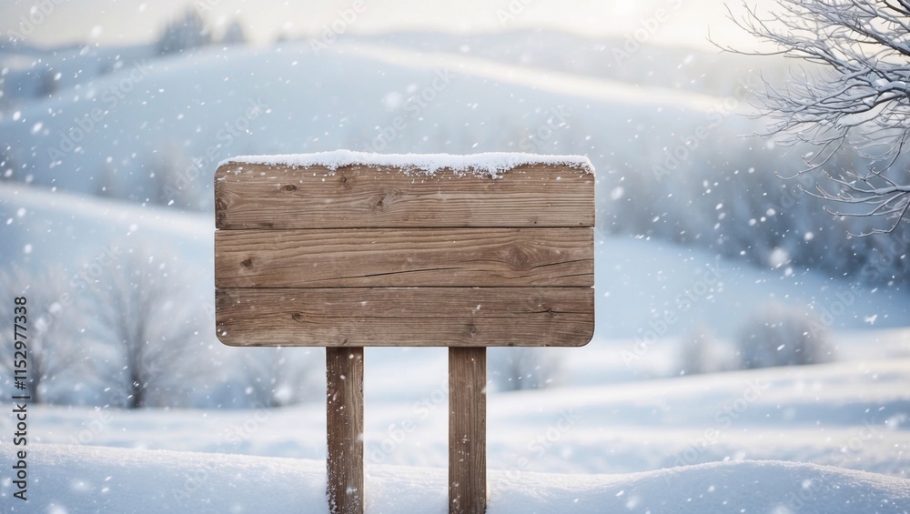 Fototapeta premium Blank wooden road sign against the backdrop of a snowy winter and falling snow, copy space
