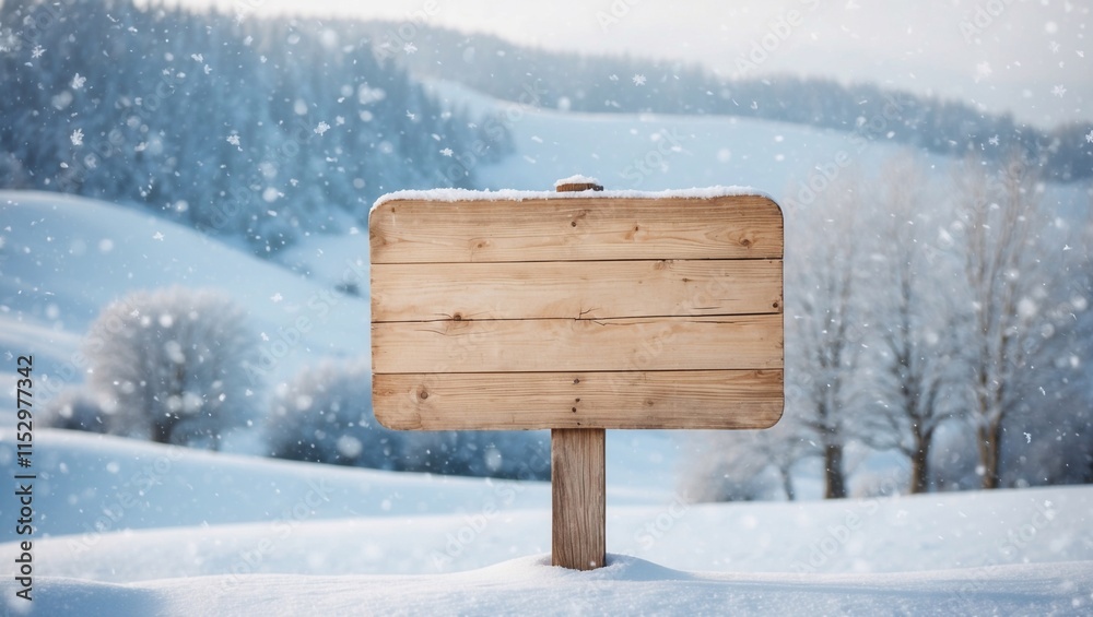 Fototapeta premium Blank wooden road sign against the backdrop of a snowy winter and falling snow, copy space