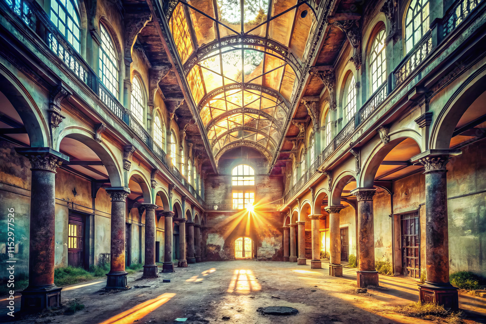 Naklejka premium stunning urban exploration scene showcasing radiant symmetry in unblemished sanctuary. sunlight streams through large windows, illuminating grand architecture