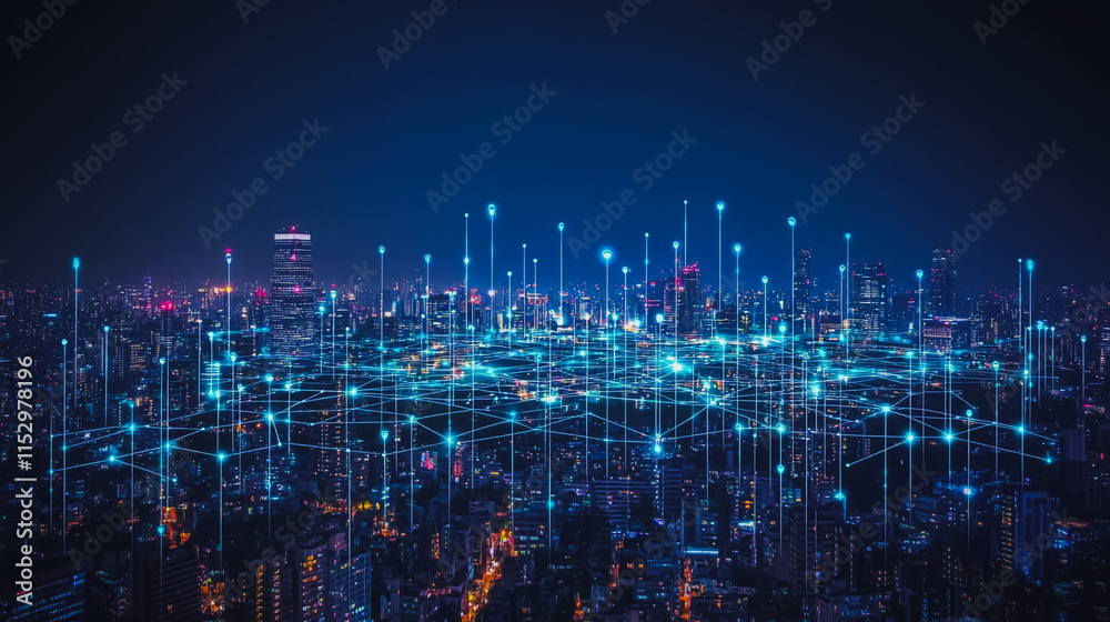 Naklejka premium Smart digital city with connection cyber security network reciprocity over the cityscape . future smart wireless digital city and social media networking systems that connects people within the city