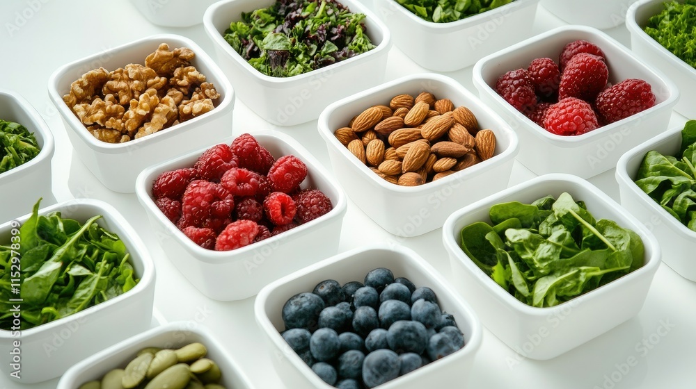 Fresh and Healthy Ingredients in White Bowls Perfect for Salads and Healthy Meals Including Berries, Nuts, Greens, and More for Culinary Inspiration Fresh and Healthy Ingredients in White Bowls Perfect for Salads and Healthy Meals Including Berries, Nuts, Greens, and More for Culinary Inspiration
