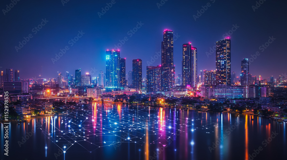 Smart digital city with connection cyber security network reciprocity over the cityscape . future smart wireless digital city and social media networking systems that connects people within the city Smart digital city with connection cyber security network reciprocity over the cityscape . future smart wireless digital city and social media networking systems that connects people within the city