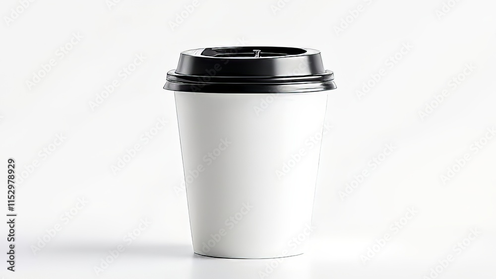 Close-up of a white disposable cup, black lid. Close-up of a white disposable cup, black lid.