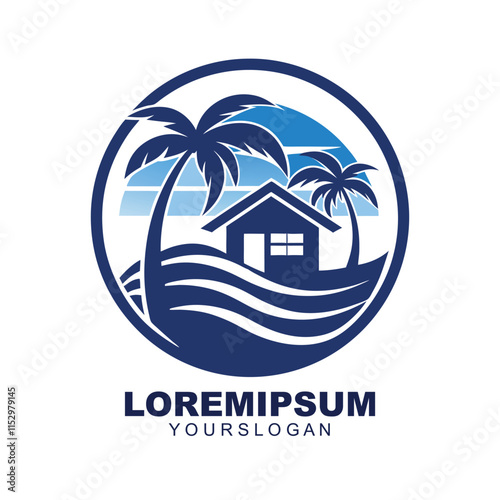 Beach house, palm tree, circular logo, black silhouette, minimalist design