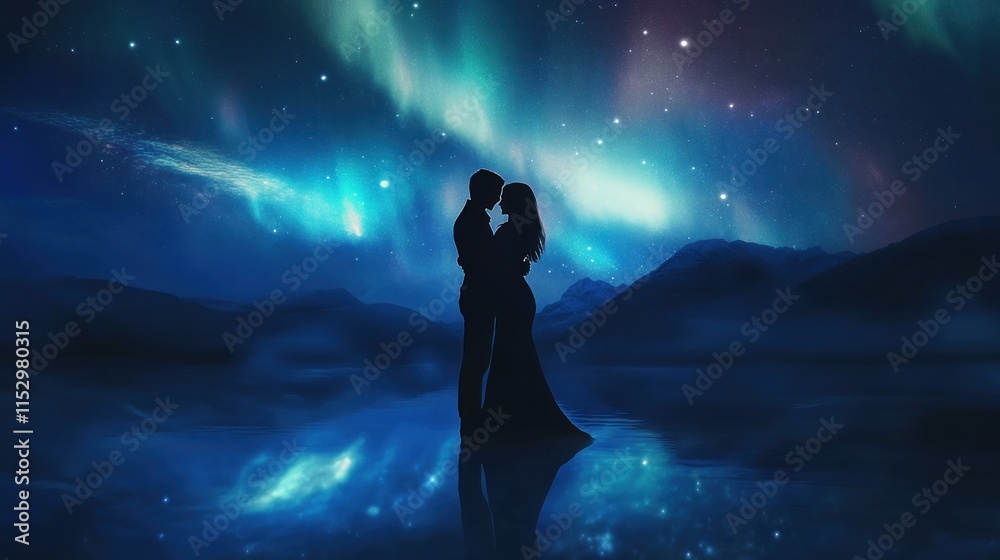 Fototapeta premium A romantic silhouette of a couple under a vibrant aurora borealis.