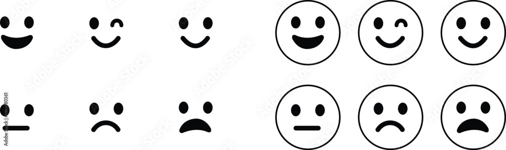 Emoticons icon set. Emoji faces collection flat and line vector style isolated on transparent background. Happy and sad, good and bad emoji. Cartoon symbol feedback rating emoji use for web and app Emoticons icon set. Emoji faces collection flat and line vector style isolated on transparent background. Happy and sad, good and bad emoji. Cartoon symbol feedback rating emoji use for web and app