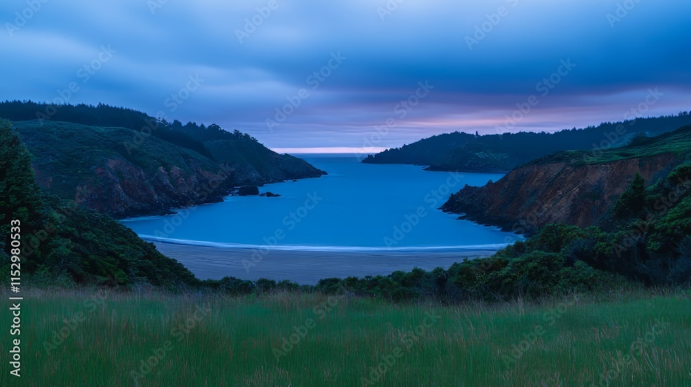 Serene Coastal Cove at Twilight Pacific Ocean Sunset View Serene Coastal Cove at Twilight Pacific Ocean Sunset View