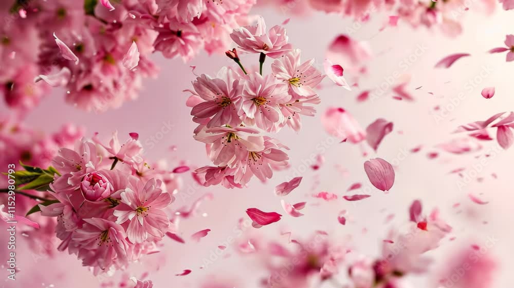 Pink flowers float gracefully in the air, creating a mesmerizing scene, Cherry blossoms blown away by wind on a pale pink background Pink flowers float gracefully in the air, creating a mesmerizing scene, Cherry blossoms blown away by wind on a pale pink background