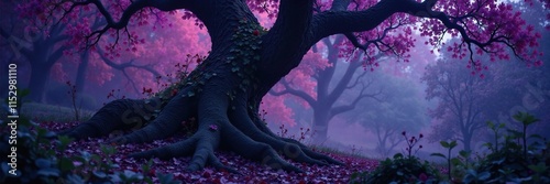 Vines and creepers twine around a gnarled tree trunk in amethyst hues, mysterious, gnarled, eerie photo