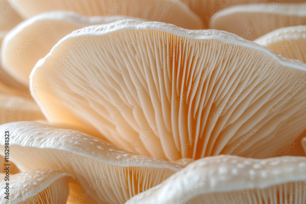 A close-up of an oyster mushroom, showcasing its intricate texture and delicate frills with dew drops on the surface. The cap is soft and lustrous against a bright background. A close-up of an oyster mushroom, showcasing its intricate texture and delicate frills with dew drops on the surface. The cap is soft and lustrous against a bright background.