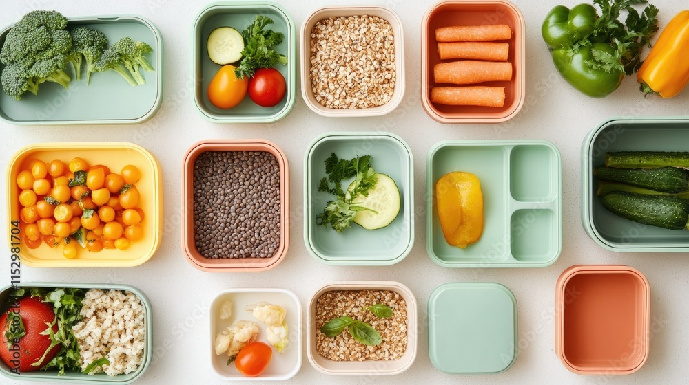 Fresh and Colorful Healthy Meal Prep Layout with Vegetables, Grains, and Fruits in Eco-Friendly Containers on a Light Background Fresh and Colorful Healthy Meal Prep Layout with Vegetables, Grains, and Fruits in Eco-Friendly Containers on a Light Background